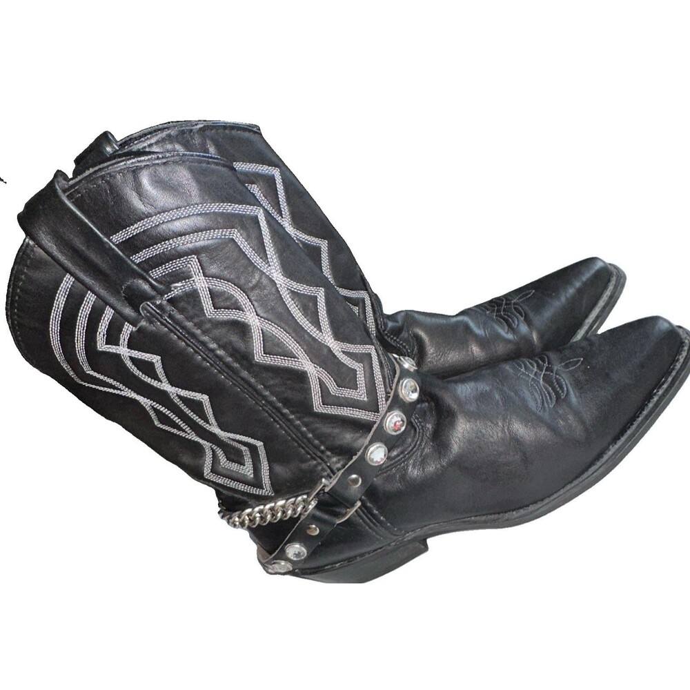 Vintage Vittorio Ricci Studio Black Leather Cowboy Boots 7.5 Jeweled Harness 80s